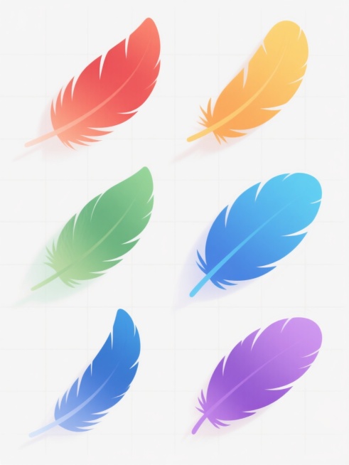 白色背景上，六个不同造型的羽毛以规整网格排布组成的系列素材集合，每个羽毛保持原有的轻盈飘逸形态和细腻的绒毛质感，光影采用柔和的单侧光源形成自然的渐变阴影，整体为简洁的扁平化设计风格，六个羽毛分别呈现红色、橙色、黄色、绿色、蓝色、紫色的纯色调色彩，保持统一的半透明光泽和流畅的曲线轮廓，画面干净整洁，视觉层次清晰，适合作为装饰或设计元素使用。预览效果