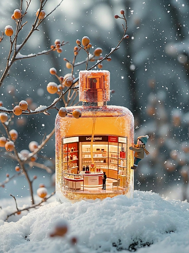 将图2商品放到图1中，商品被冰雪覆盖，完美融入，可爱小人攀爬商品，保证融图效果