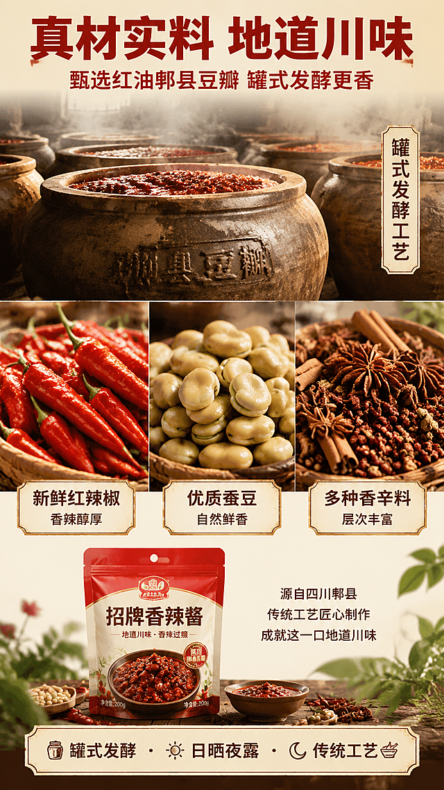 [第2张] 详情页成分产地专张-招牌香辣酱原料与工艺展示。本张为成分专张，不使用产品图作为主体，以原料和工艺元素为主。
[氛围/风格] 食材实拍风+产地叙事感，自然质朴，商业美食摄影质感。
[元素布局] 画面上半部分：红油郫县豆瓣发酵罐场景示意，大型陶罐/发酵罐占画面35%，蒸汽缭绕，标注「罐式发酵工艺」；画面中部横向排列3种核心原料微距特写，从左到右：红辣椒（饱满鲜亮，占画面25%）、蚕豆（颗粒分明，占画面20%）、香辛料（八角桂皮花椒，占画面20%）；底部放置一小瓶/小袋产品作辅助展示，占比约15%；原料元素合计占画面 ≥60%。
[光影质感] 自然光侧逆光，突出辣椒油亮光泽、蚕豆纹理、香料细节，发酵罐区域暖光烘托，层次丰富。
[配色色系] 全局底色 #FFF5E6 暖米黄；主色辣椒红、豆瓣红棕；辅助色深绿、米白、土棕。
[视角构图] 俯拍+平视组合，上中下三段式布局，阅读动线自上而下。
[文字版式] 顶部大标题「真材实料 地道川味」，粗黑体深红色；副标题「甄选红油郫县豆瓣 罐式发酵更香」；中部3种原料下方各配标签：「新鲜红辣椒 香辣醇厚」「优质蚕豆 自然鲜香」「多种香辛料 层次丰富」；底部工艺说明条：「罐式发酵 · 日晒夜露 · 传统工艺」；字体统一粗黑体路线，字色红棕+深棕。
[比例分辨率] 9:16 竖版比例，4K 分辨率，文字清晰可辨，高清画质。
[负向提示词] 文字错乱，水印，原料不真实，颜色偏差，画面模糊，元素过小看不清。