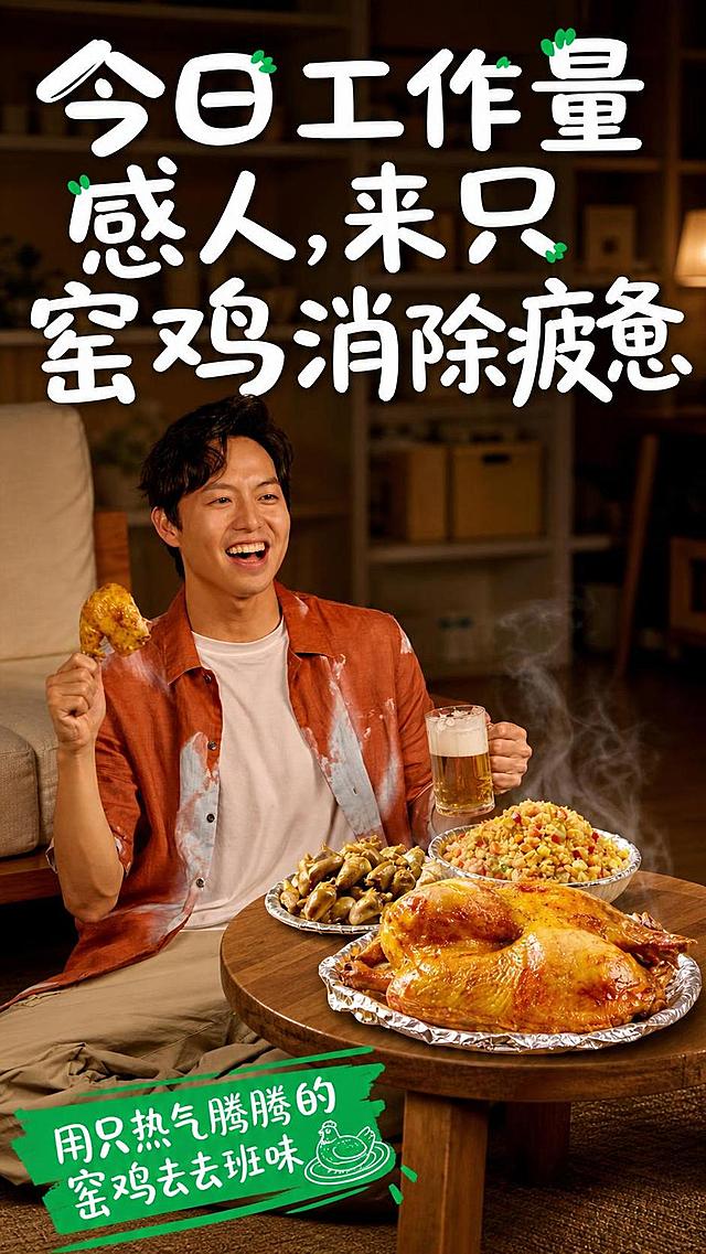 参考图1的版式骨架与手绘手写大字风格，将画面内容替换为窑鸡美食主题，以图2的窑鸡产品为主体。竖版9:16美食海报，写实商业摄影风格，暖色调烟火气，治愈解压夜宵氛围。

【版式骨架复刻】保留图1的结构：顶部大标题区占画面上半部，中部为产品美食区，底部有绿色手写风标签条。

【主标题区】画面顶部大号白色手绘手写风字体，带绿色小叶子装饰点缀，文字为"今日工作量感人，来只窑鸡消除疲惫"，分多行排列，字体圆润可爱，笔画粗，白色填充带轻微描边，清晰醒目。

【产品区】画面中下部为窑鸡美食主体，参考图2的窑鸡产品：整只金黄油亮的窑鸡摆放在铝箔盘中，皮脆肉嫩色泽诱人，旁边搭配鸡杂、蛋炒饭等小菜，还有一杯啤酒。人物手持鸡腿，开心满足的表情，居家客厅地毯场景，小圆木桌摆放美食。窑鸡外皮金黄酥脆、油光发亮，热气腾腾的食欲感。

【底部标签条】画面左下角绿色不规则手写风标签条，白色手写字体"用只热气腾腾的窑鸡去去班味"，旁边配小窑鸡图标。

【配色】整体暖棕黄色调，绿色作为点缀色（标题装饰叶、底部标签），与参考图1的黄绿配色体系保持一致。

【氛围】暖光侧前方柔光，热气腾腾的烟火气，温馨治愈的居家夜宵场景，柔和阴影，景深虚化背景。

【文字约束】画面中必须完整呈现以下文字信息："今日工作量感人，来只窑鸡消除疲惫"、"用只热气腾腾的窑鸡去去班味"。所有文字清晰可读，不遮挡窑鸡主体。

【画质】超高清，窑鸡皮脆肉嫩的质感真实，油光与热气细节丰富，商业美食摄影级画质。