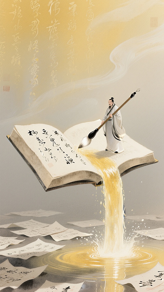 古典水墨风插画，超现实主义手法，书页化为瀑布，文人挥毫泼墨，意境深远。