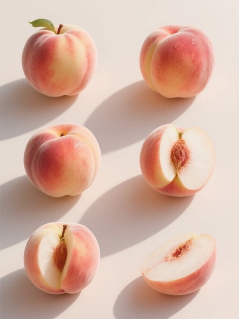 六个不同样式的桃子造型，以写实风格呈现，保留桃子的自然质感与细节，上下两行对齐排列，浅色背景，每个桃子造型均有不同的姿态和切面，色彩饱满，光影自然，呈现出新鲜水果的水润光泽，整体构图简洁大方，视觉层次分明预览效果
