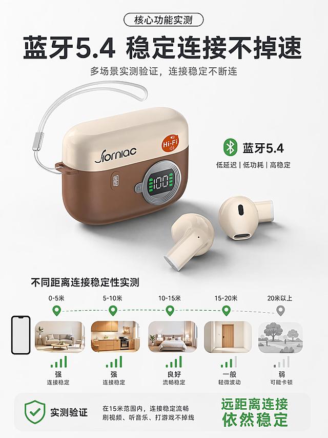 [第4屏] 核心功能实测，验证蓝牙5.4连接稳定性。本屏使用【图2】作为产品展示主体。
[氛围/风格] 实测科普风，真实直观，专业可信，突出连接稳定优势。
[元素布局] 产品放置在画面中上位置，下方绘制连接稳定性测试示意图，展示不同距离下的信号强度，标注蓝牙5.4技术，产品结构颜色与原图一致，主体占比约60%。
[光影质感] 主光从左上方打来，产品右侧自然投影，信号示意图色块清晰，区分不同强度等级。
[配色色系] 全局底色 #f8f8f8；主色深灰文字，辅助色绿色信号满格标识，灰色弱信号区域，保留产品撞色外观。
[视角构图] 上产品下测试图示，从上到下阅读动线，中心构图突出主体。
[文字版式] 顶部主标题「蓝牙5.4 稳定连接不掉速」，下方图示标注不同距离区间的信号状态，右下角总结「远距离连接依然稳定」，文字大小适合移动端阅读，清晰可辨。
[比例分辨率] 3:4 竖版比例，4K分辨率，文字清晰可辨，高清画质。
[负向提示词] 产品变形，结构错误，颜色偏差，文字错乱，信号图示模糊，水印