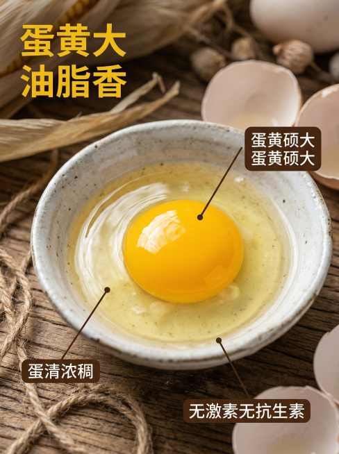 [主图 3] 鹅蛋细节营养展示
[氛围/风格] 微距特写，新鲜诱人，真实质感
[画面元素] 一枚敲开的鹅蛋放置在粗陶白碗中，展示饱满通透的蛋清和硕大金黄的蛋黄，蛋黄油亮诱人，蛋液纹理清晰可见，背景是干预览效果