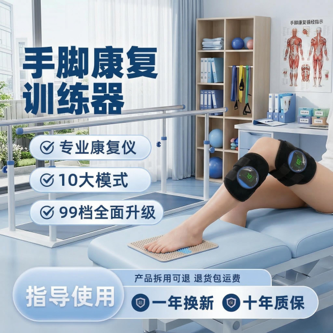 [原图修改] 保持产品外观完全不变，修改腿部肢体摆放动作，更换背景为明亮专业的康复中心诊疗室环境，保留所有卖点文字内容不变，修改文字颜色为蓝白撞色，更换框架模板为圆角渐变蓝色风格。文案排版："手脚康复预览效果