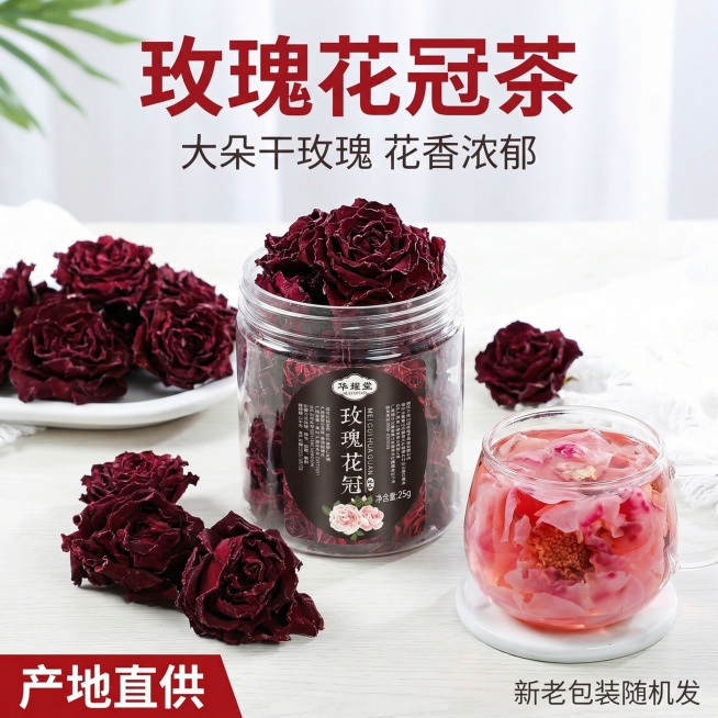 [主图 1] 玫瑰花冠花茶产品首图，高性价比茶饮；氛围风格：自然清新，干净通透，拼多多高性价比风格；画面元素：产品罐装居中展示，干玫瑰花冠和泡开的玫瑰花围绕在旁，放在干净浅色木质桌面上，自然光照射，整预览效果