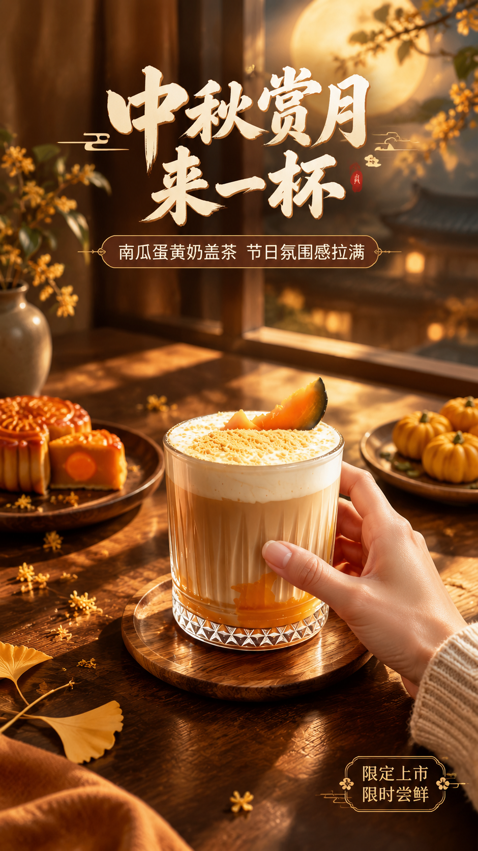 [主图-3] 中秋场景氛围感图，任务是营造中秋赏月喝奶茶的生活… - 图片创意预览