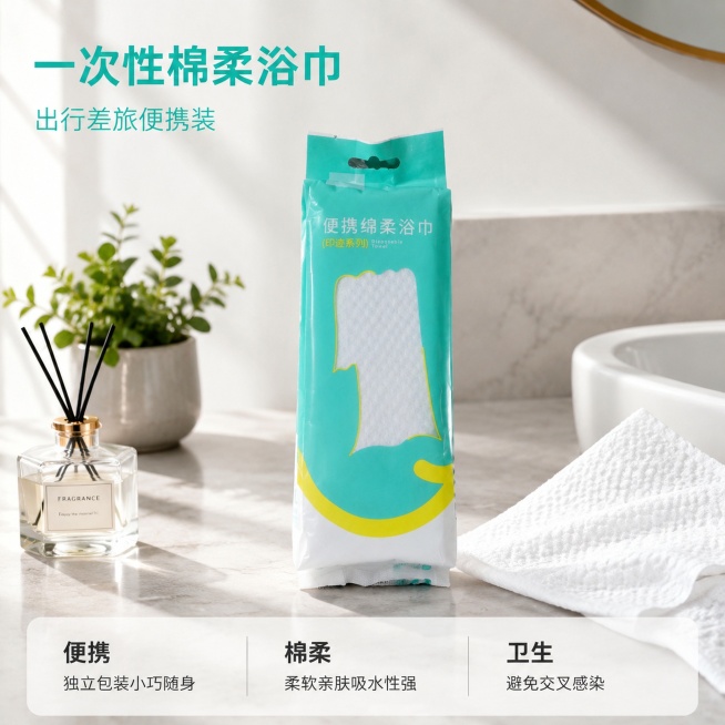 使用电商主图技能生成5张比例1:1的电商主图，适配平台为淘宝/天猫，商品为「图片1」「图片1」，商品卖点为一次性便捷棉柔浴巾，预览效果
