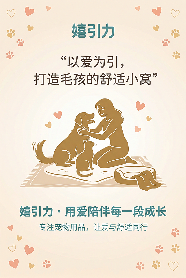 2:3竖屏，杂志风精致排版，顶部是“嬉引力”品牌LOGO，下方用文字传递品牌理念：“以爱为引，打造毛孩的舒适小窝”，搭配品牌创始人与宠物互动的温馨剪影。背景为浅米色，搭配爱心、爪印装饰，突出品牌的温度。主标题：“嬉引力 · 用爱陪伴每一段成长”，副标题：“专注宠物用品，让爱与舒适同行”。文字采用圆润无衬线字体，品牌理念清晰，整体风格统一为清新有温度风。排版协调无突兀感。避免品牌LOGO失真、理念文字错误，避免杂乱背景、突兀的文字排版，避免出现拉链、多余装饰，避免风格割裂。