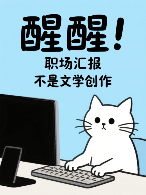 插画风格，大标题“醒醒！职场汇报不是文学创作”，右小角一个简笔画小猫坐在桌前，双手发放在键盘上，盯着电脑屏幕思考，浅蓝色背景预览效果