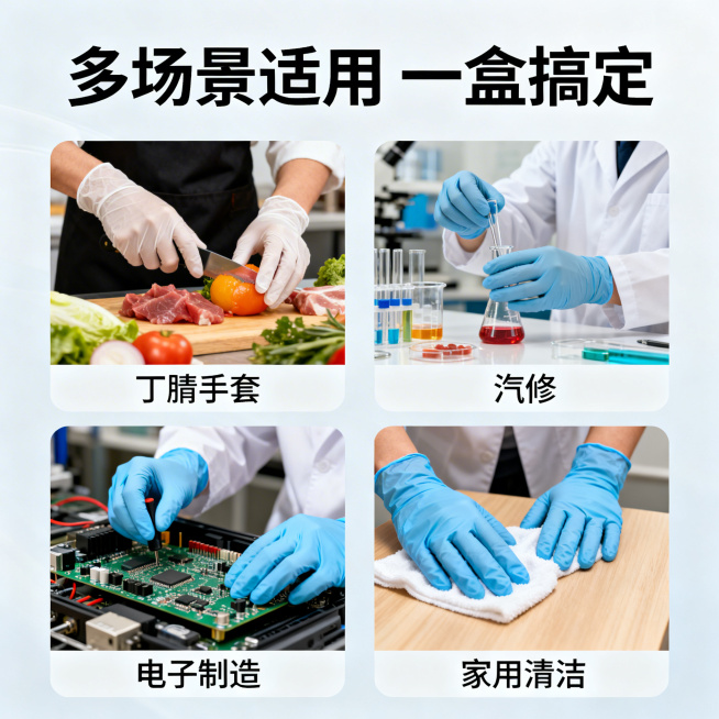 丁腈手套电商主图多场景展示，浅色背景，分四个小图展示不同使用场景：食品加工、实验室汽修、电子制造、家用清洁，每个场景都有佩戴手套操作的画面，上方大字"多场景适用 一盒搞定"，主体突出，风格清爽专业，1预览效果