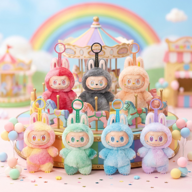 可爱治愈风拼多多电商主图，主体为拉布布三代毛绒挂件，放置在彩虹色的游乐园旋转木马背景上，周围有迷你彩色气球装饰，玩偶主体完整清晰突出占画面60%以上，无任何价格文案，画面明亮柔和，适配拼多多平台视觉风预览效果