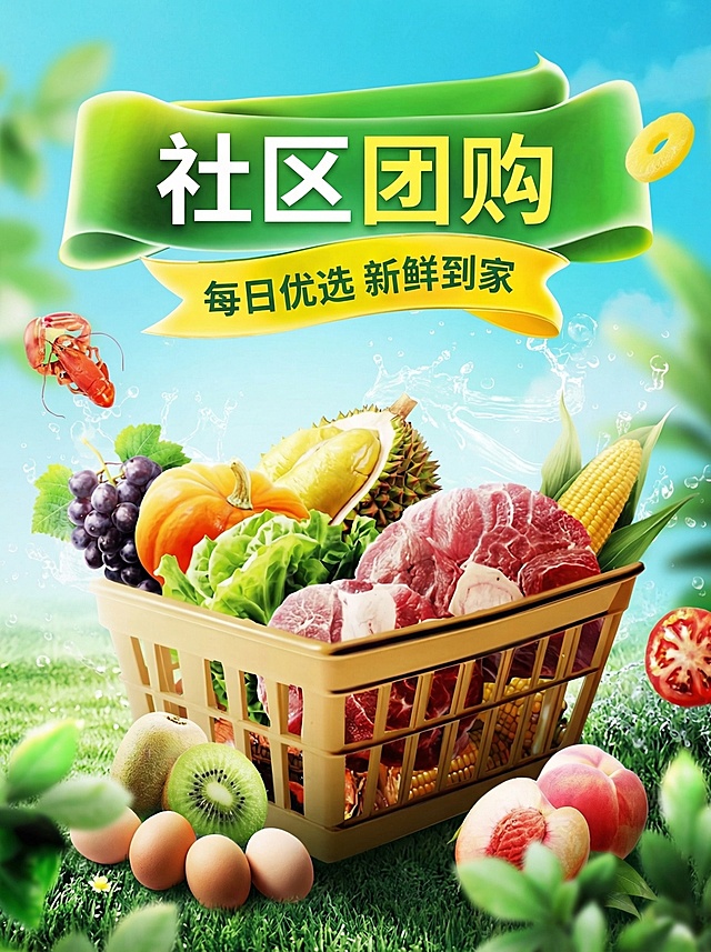 保留原海报的新鲜食材、购物篮、清新背景等元素，删除左上角LOGO、英文、右上角“稿定生鲜”文字，将绿色飘带上的标题“特惠团购日”修改为“社区团购”，将黄色飘带上的副标题“稿定社群 特惠团购”修改为“每日优选 新鲜到家”，删除底部显示不全的文字