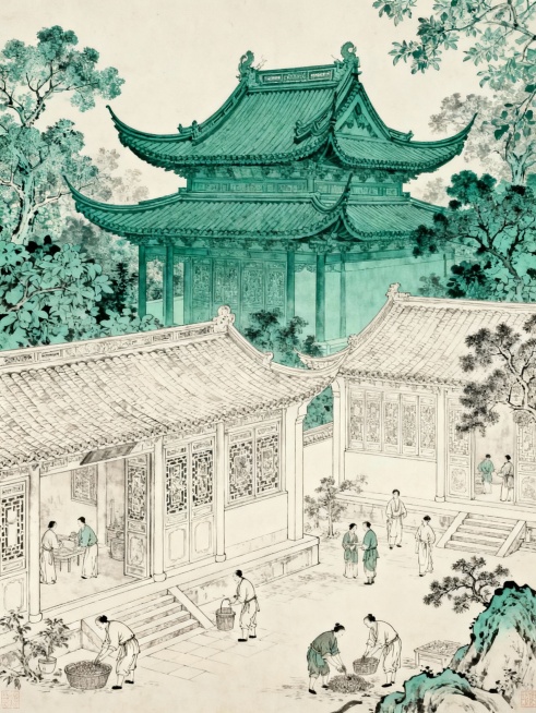 中国传统工笔画风格，画面由上下两部分构成，整体色调以青绿色与米白色为主，营造出清雅古朴的氛围。上部为青绿色调，描绘了飞檐翘角的中式古建筑，屋檐线条流畅，瓦片纹理清晰，建筑周围环绕着茂密的树木，枝叶繁茂，呈现出工笔画细腻的笔触质感；下部为米白色调，展现了庭院生活场景，庭院中有多座中式建筑，门窗雕花精致，地面上有众多人物活动，有的在交谈，有的在劳作，姿态各异，还有树木、山石、台阶等元素，构图层次丰……预览效果