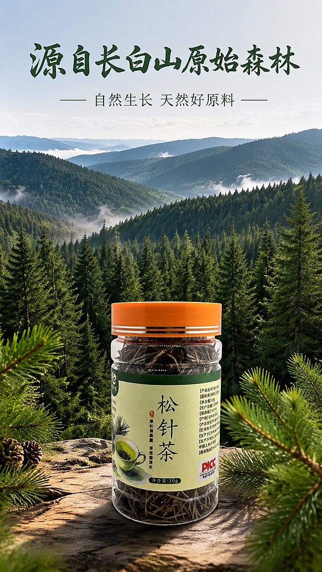 [第2屏] 产地展示屏-长白山松针茶产地优势，本屏使用实景展示。
[氛围/风格] 自然山林氛围，清新绿意，真实自然风光摄影质感。
[元素布局] 画面上半部分展示长白山山林实景，茂密松树林全景占据60%以上主画面；下半部分放置瓶装松针茶【图1】产品图，占比约25%，整体突出产地天然环境优势。
[光影质感] 自然日光漫射，整体光线明亮柔和，山林阴影层次自然。
[配色色系] 全局底色 #eff5ed；主色山林深绿色；辅助色浅木色、深绿标题。
[视角构图] 俯视山林远景，产品放置下方，阅读动线从上至下。
[文字版式] 顶部主标题「源自长白山原始森林」，副标题「自然生长 天然好原料」，温润书法字体，和首屏字体风格保持一致；底部放置产品，文字不遮挡主体。
[比例分辨率] 9:16 竖版比例，4K分辨率，文字清晰可辨，高清画质。
[负向提示词] 文字错乱，文字过小，虚假风景，产品变形，颜色偏差