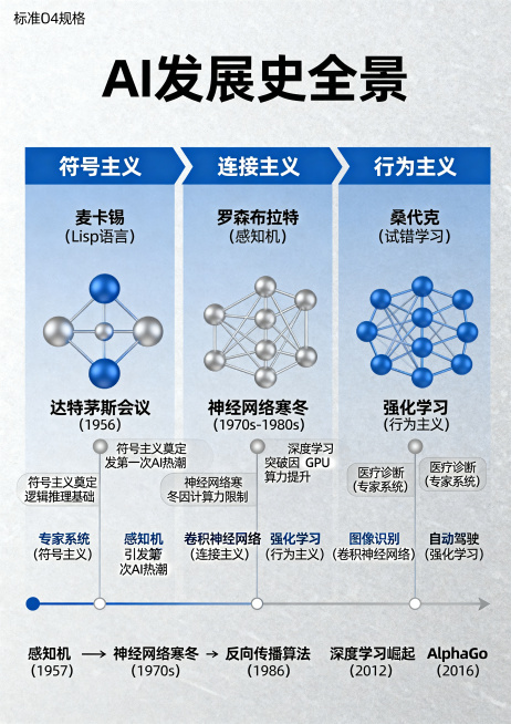 标准A4规格科技风AI发展史全景海报，涵盖符号主义、连接主义、行为主义三大流派，标注代表性人物和达特茅斯会议、AlphaGo等里程碑事件，清晰呈现思想承继对立融合关系和感知机->神经网络寒冬->深度学预览效果