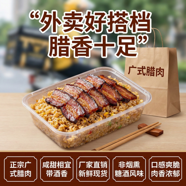 这张图片是产品主体这款产品是广式腊肉 我需要设计20张主图在拼多多上面售卖    主图场景布局可以用厨房 炒腊肉 腊肉细节等设计一个高级有食欲一些主图文案内容 正宗广式腊肉 厂家直销 新鲜现货 咸甜相预览效果