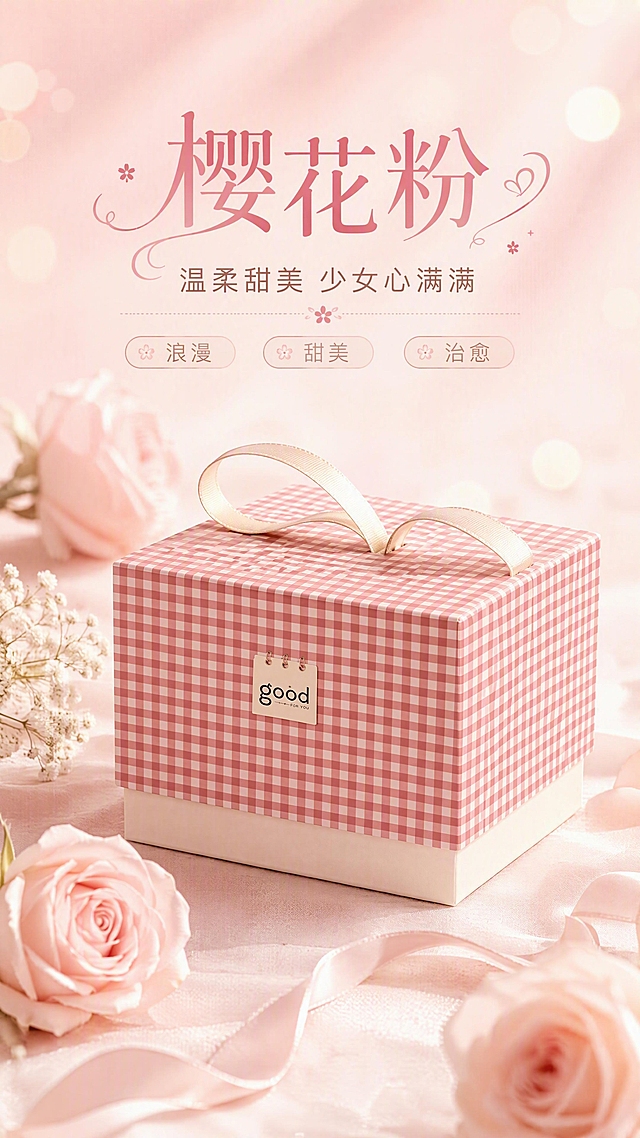 [商品] 使用【图2】格纹手提礼品盒粉色款；保留方形盒体、白色底座、缎面手提带、粉色格纹图案、标签铭牌和整体比例；商品处理：保留颜色、格纹纹理、手提带造型和标签细节，增强盒体质感和粉色饱和度，不改变结构。
[画面] 目标：粉色款单独精致展示，突出温柔甜美风格。构图：居中展示，礼盒微微侧转45度，产品占画面65%。景别：中近景。前中后景：前景粉色玫瑰花和丝带，中景礼盒，背景柔粉色渐变+柔和光斑。
[视觉] 套系策略：风格=温柔清新浪漫商业摄影；标题字=圆润优雅衬线体+英文装饰；正文字=简洁圆角无衬线体；主色=奶油粉+奶白色；背景延展=基于奶油粉做深浅渐变、同色系柔化和细腻纸张/织物质感；强调色=玫瑰金，仅用于小面积图标、引线和装饰线条；标题色=深豆沙粉；正文色=暖灰棕；组件=圆角浅底信息卡、细曲线引线、小花装饰；光影=左前侧暖柔光，柔和漫反射，营造梦幻氛围感。
[文字] 上方主标题「樱花粉」，副标题「温柔甜美 少女心满满」，下方配3个关键词：浪漫/甜美/治愈；文字区在画面上方，不遮挡礼盒主体；所有文字横排。
[规格] 图片比例9:16竖版，4K分辨率，medium质量；避免变形、错字、文字过小、冷蓝灰背景、礼盒颜色改变、结构失真、极限词。