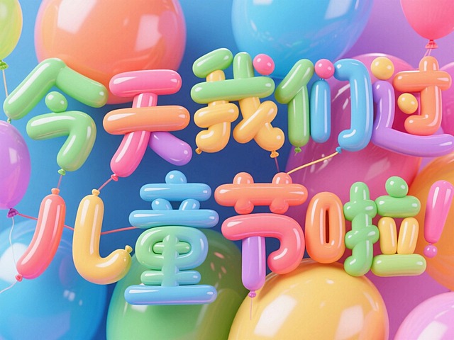 “今天我们过儿童节啦”由气球构成，笔画错乱排版，背景彩色，整体画面活泼