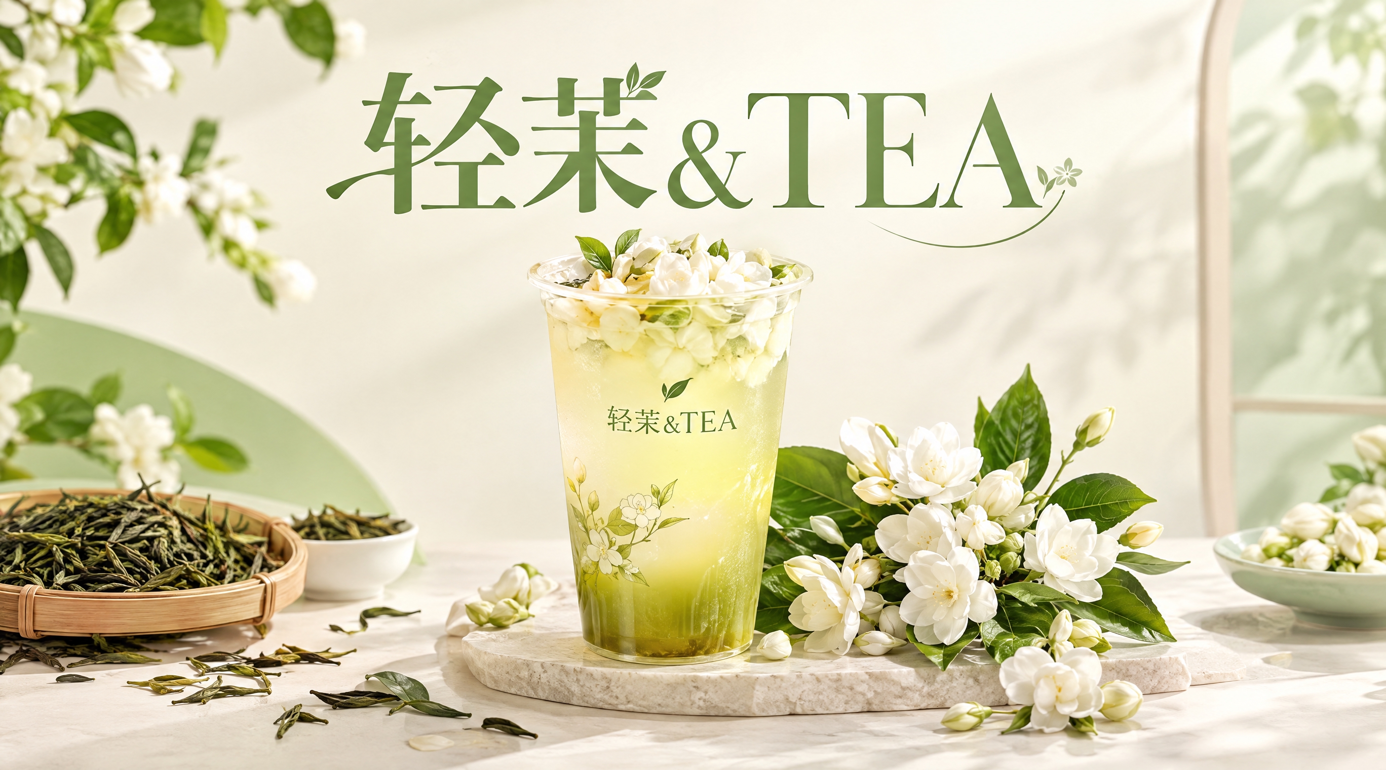 茶饮店店招设计，店名"轻茉&TEA"，清新雅致的茶饮风格，画面… - 图片创意预览