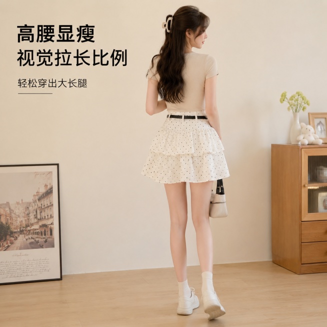 [主图-5] 波点高腰层层蛋糕短裙背面整体展示图。
[氛围风格] 简约韩系风，和前面主图风格保持统一
[画质] 商业摄影质感、光线柔和通透、产品清晰真实、画面干净高级。
[元素] 同一位年轻亚洲女模特预览效果