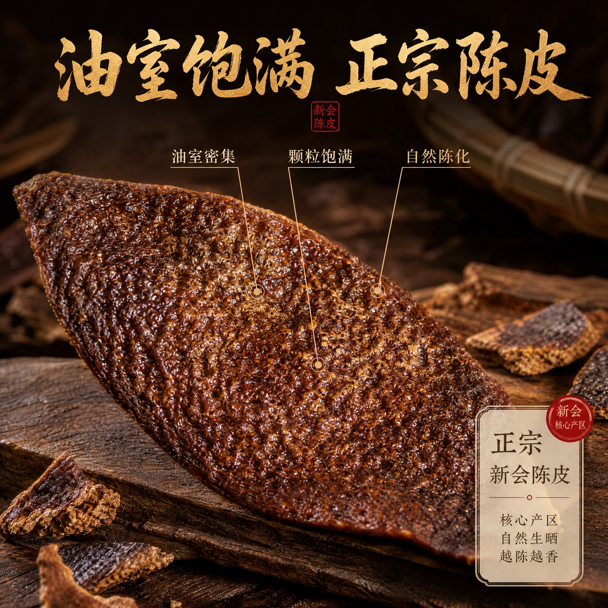 [主图-2] 核心亮点溯源图，主题为油室饱满 正宗陈皮，核心任… - 图片创意预览