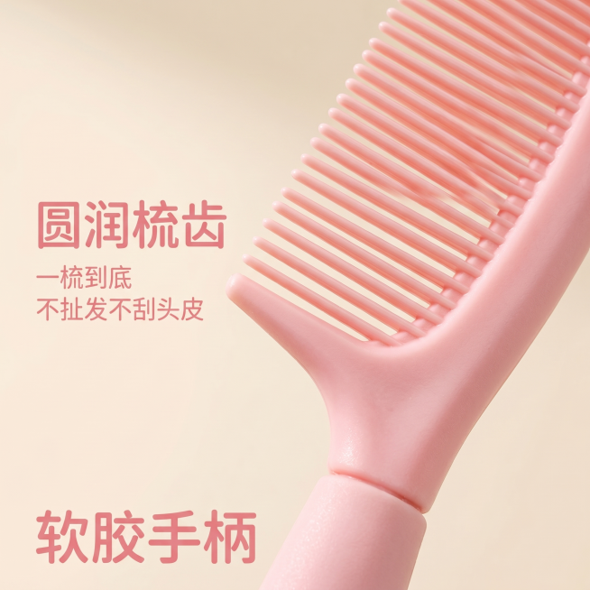 [主图-3] 梳子细节特写，突出材质与梳齿品质
[氛围风格] 简约干净治愈风
[画质] 商业摄影质感，光线柔和通透，产品清晰真实，画面干净高级
[元素] 微距特写粉色小猪款梳子的梳齿和手柄部分，放大展预览效果