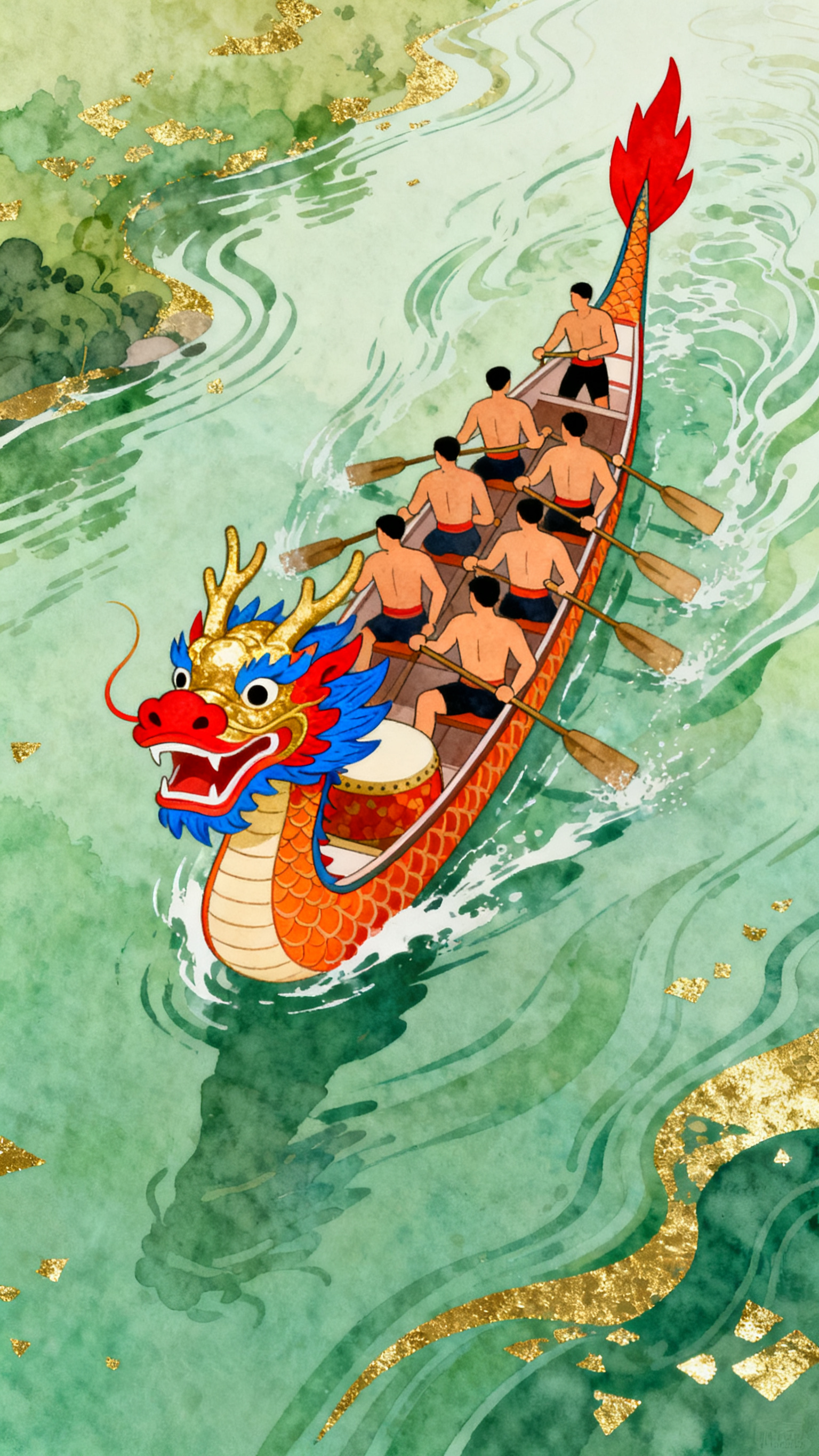 参考这个张图的风格，俯视视角的中国传统端午节龙舟赛插画，龙舟在… - 图片创意预览