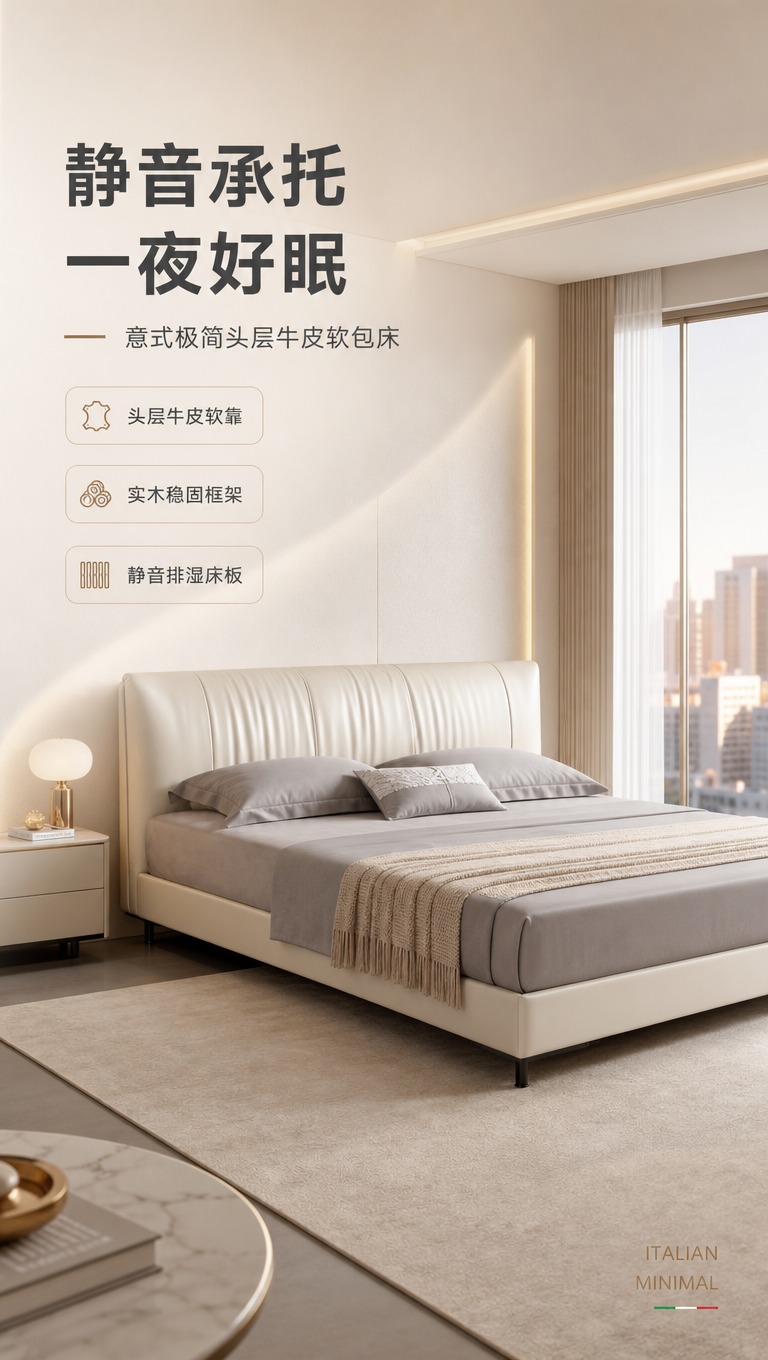 [商品] 使用【图1】米白色头层牛皮软包床，1.8米规格；保留… - 图片创意预览