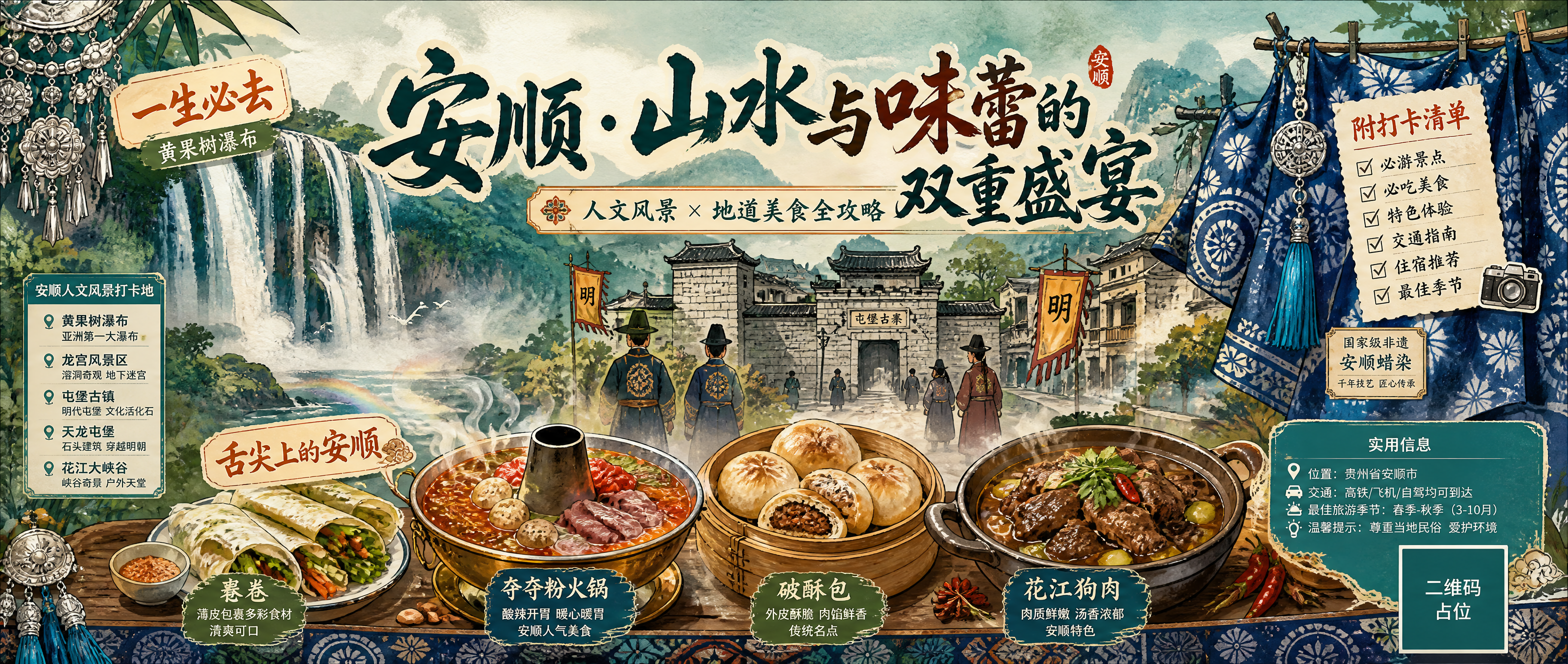 国潮新中式手绘风格公众号封面海报，主题为安顺人文风景与美食攻略… - 图片创意预览