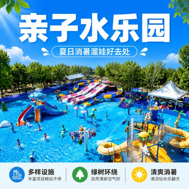 [单张主图] 户外亲子水上乐园电商主图，爆款促销感，主打夏季亲子溜娃消暑游玩，整体清晰明亮，突出乐园热闹清爽的氛围。[画面主体] 保留原水上乐园场景和所有游乐设施结构、色彩保持与输入图片一致，主体场景预览效果