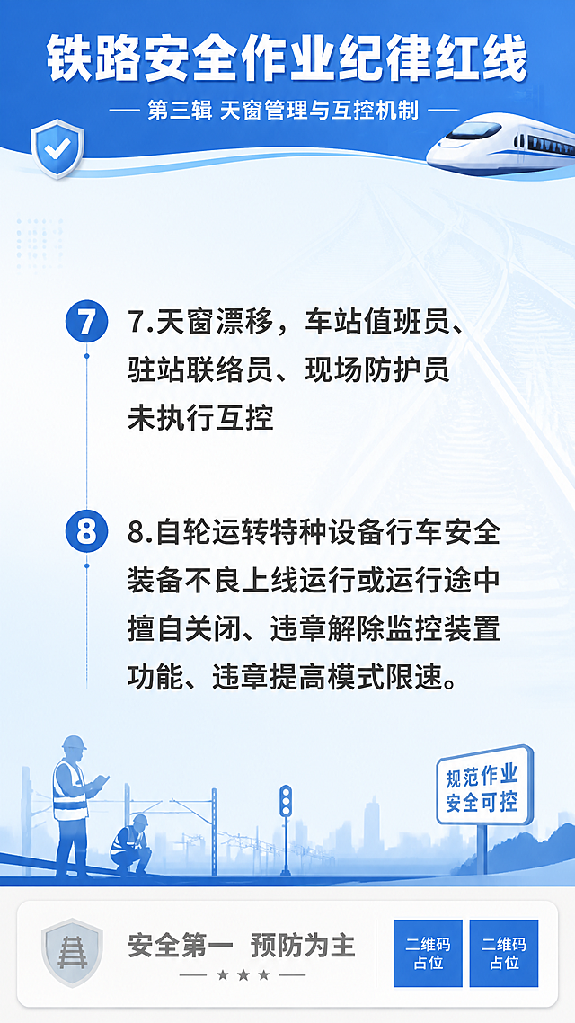 一张铁路安全作业纪律红线海报（第3张/共4张），竖版9:16比例，明亮清爽的安全宣传风格，色调偏浅。顶部标题区：蓝色背景条，白色粗体大字"铁路安全作业纪律红线"，下方小字"第三辑 天窗管理与互控机制"。背景为浅蓝白色渐变，带有淡淡的铁路道岔线条装饰，整体明亮通透。中间主体区域为2条红线内容，编号列表形式，每条前有蓝色圆形数字标识，文字为深灰色清晰易读：7.天窗漂移，车站值班员、驻站联络员、现场防护员未执行互控 8.自轮运转特种设备行车安全装备不良上线运行或运行途中擅自关闭、违章解除监控装置功能、违章提高模式限速。底部有浅灰色装饰条，标注"安全第一 预防为主"。整体配色以蓝色、浅蓝、白色为主，色调明亮不深沉，信息分区明确，版式精美，现代简洁的安全宣传海报风格。画面中所有信息区域必须填充完整合理的内容，不得出现空白框。画面中所有二维码区域使用纯色方块占位符呈现，方块中央标注"二维码占位"文字，严禁生成任何可识别的二维码图案。