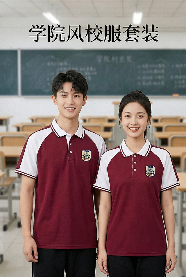 严格按照用户提供的产品图，保留产品原有款式和颜色不变，产品为酒红白拼色 POLO 衫，由两位年轻学生上身展示，清晰呈现于画面视觉中心，比例协调不变形。上衣布料为珠地棉，保留网眼视感，衣服正面仅保留校徽设计不添加其他文字。画面主色调为白色、酒红色，辅助色为金色、黑色，整体色调青春干练、校园感强烈。背景显示完整的虚化教室场景，完整呈现黑板与课桌椅作为装饰元素，营造整洁有序的校园课堂氛围。画面风格为清新校园风电商模特上身图，构图为左右并列构图，两位学生并排站立，视觉焦点集中在两人上身的 POLO 衫上。信息布局：主标题“学院风校服套装”改为更有设计感的简约字体，字号放大一号，居中摆放在画面顶部。产品模特位于文字下方，形成“上标题下产品”布局。设计感强调：采用左右平衡布局，突出双人上身效果；完整的教室背景让场景更自然；文字更大更醒目，提升整体质感；在产品边缘添加轻微的自然阴影，让产品更具立体感。