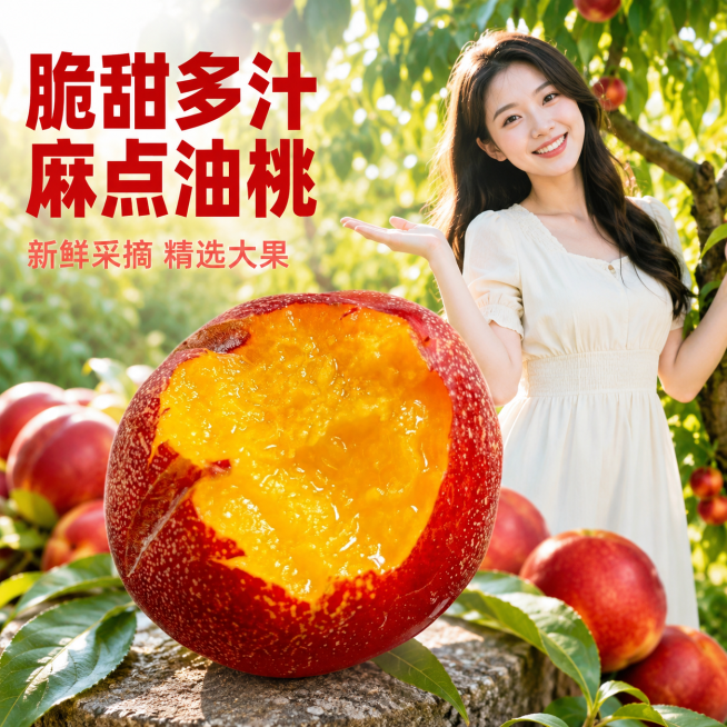 「图片1」，生成一套主图（10张），商品名称是麻点油桃，卖点是脆甜多汁，新鲜采摘，精选大果，风格是果园治愈风，美女在果园宣传介绍，适配拼多多平台，主图比例为1:1预览效果