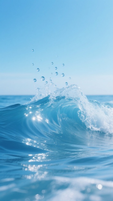 超写实摄影风格，清澈透明的蓝色海浪涌起形成浪花，浪花顶部飞溅出多个大小不一的水珠，水珠在空中呈现晶莹剔透的质感，阳光照射下浪花边缘有明亮的高光和细腻的反光。海水表面有细腻且富有动感的波纹纹理，波浪呈现出柔和的曲线和层次感，海水颜色从近处的深蓝逐渐过渡到远处的浅蓝。背景为渐变的浅蓝色天空，天空中没有云层，纯净而开阔，整体画面营造出宁静、清新、充满活力的氛围，光影效果自然，水面波光粼粼，具有极高的……预览效果