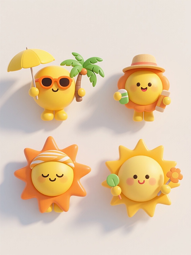 3D卡通风格太阳元素系列，四个不同样式造型的太阳角色，整体采用明亮欢快的氛围，主色调为黄色、橙色及绿色点缀。第一个太阳戴着橙色墨镜，手持黄色遮阳伞和绿色棕榈叶；第二个太阳设计为不同造型（如戴帽子、表情变化或手持不同物品）；第三个太阳设计为另一独特造型（如闭眼微笑、戴头巾或不同光芒形状）；第四个太阳设计为与前三个有明显区分的造型（如不同面部表情、手持道具或光芒样式）。所有太阳角色保持圆润可爱的3D质感，表面光滑有轻微渐变，立体阴影柔和自然，高光表现细腻。浅色背景（接近白色），四个太阳呈上下两行对齐排列（每行两个），构图平衡对称，视觉层级清晰，整体设计充满童趣和夏日气息，适合作为装饰或主题设计元素。