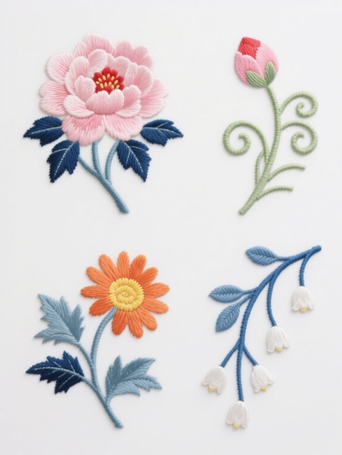 中国传统刺绣风格花卉图案系列，保持细腻的针脚质感和丝线光泽，以白色为纯色背景。包含四个完全不同造型的刺绣元素：1. 中心绽放的粉色重瓣牡丹，点缀红色花蕊和深蓝叶片；2. 含苞待放的桃红色花蕾，搭配卷曲的嫩绿色枝叶；3. 盛开的橙色小雏菊，环绕黄色花芯和锯齿状叶片；4. 蓝色藤蔓缠绕的白色铃兰，垂坠着水滴状花瓣。四个元素呈田字格规整排布，每个图案独立完整，整体保持一致的刺绣工艺风格和色彩和谐度。预览效果