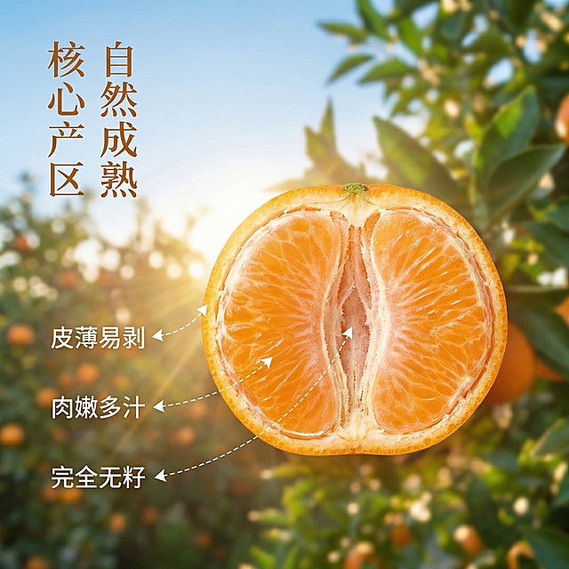 [垫图] https://cdn.dancf.com/fe-assets/20260313/9ed5cf309814be74bc807a3c094c4a1a.png
[主图主题] 无籽砂糖橘核心卖点展示
[氛围/风格] 温柔治愈风，自然暖阳逆光，清新通透
[画面元素] 对半切开的砂糖橘放在画面中心，露出饱满无籽的果肉，背景是模糊的砂糖橘果园实景，蓝天绿树，阳光透过树叶洒下光斑，用纤细的白色虚线分别指向果皮、果肉、果核位置，背景铺满全屏无边框
[配色色系] 主色调：橘橙色（果肉）；辅助色：翠绿色（果树）、天蓝色（天空）、暖金色（阳光）
[视角构图] 俯视角度，主体占比55%，背景虚化，突出果肉细节
[文字版式] 左侧竖向主标题“核心产区 自然成熟”，旁边三个卖点标注：引线指向果皮标注“皮薄易剥”，指向果肉标注“肉嫩多汁”，指向果核位置标注“完全无籽”，字体为无衬线体，暖白色，悬浮在背景上，不遮挡果肉
[比例分辨率] 1:1比例，2k分辨率