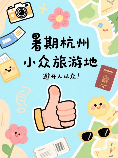 稚气感涂鸦手绘，主体为一个比赞的大拇指，主标题为手写花字“暑期杭州小众旅游地”，副标题小字为”避开人从众“，背景为相机、地图、机票、护照、墨镜等可爱手绘元素组成预览效果