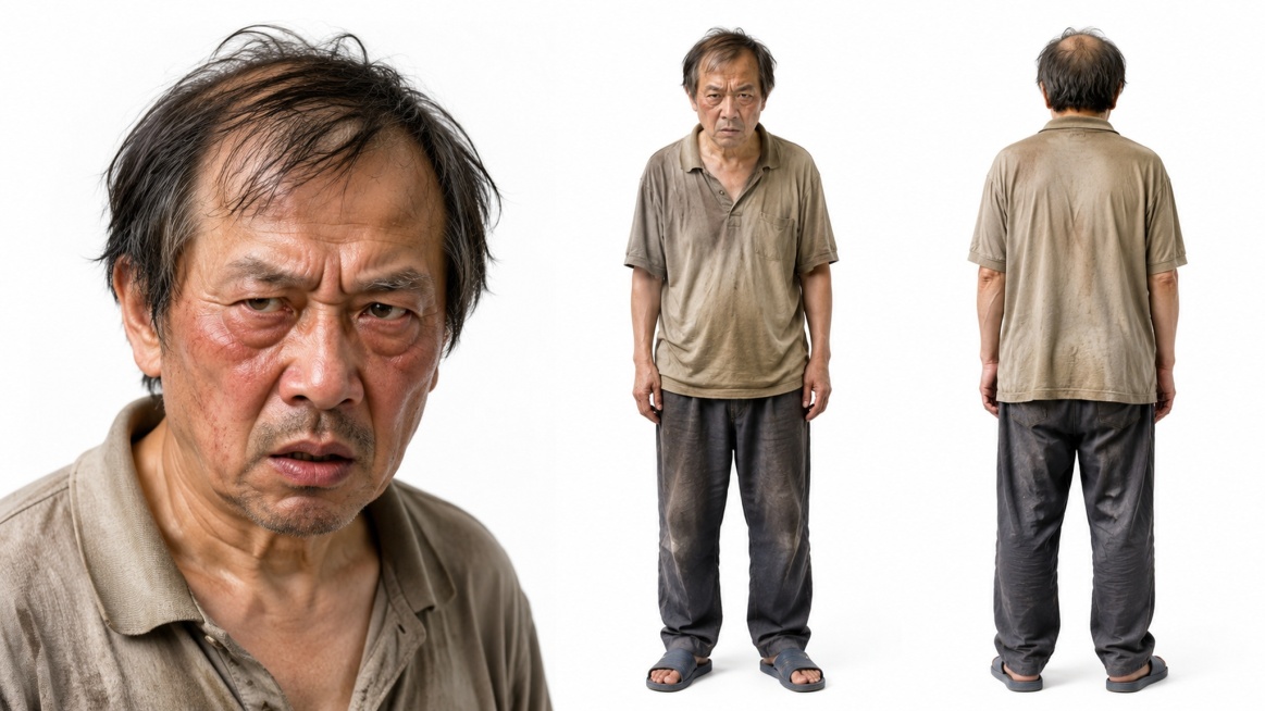 超级写实人物形象展示图，包含人物脸部特写、人物正面全身、人物背面全身，纯白背景。参考原图片人物基础外貌，绘制60岁中国偏瘦男性：稀疏发黄凌乱油腻发型，皮肤暗沉蜡黄，脸颊常年烟酒熏得发红，眼角纹路粗糙深预览效果
