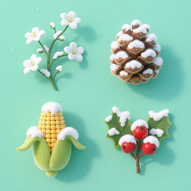 4个冬季植物元素，分别是铁线莲、松果、玉米、冬青上面有雪，上下两行对齐排列，浅绿色纯色背景。