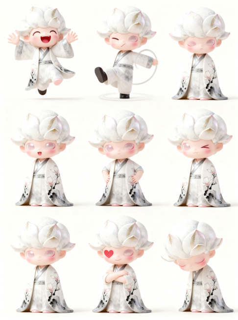 对这个玉兰妖潮玩IP做形象动作延展，生成一套8张不同表情和动态的设计，表情和动作幅度大，活泼夸张，保持原角色玉兰花瓣发型和设计特征一致，统一3D潮玩风格预览效果