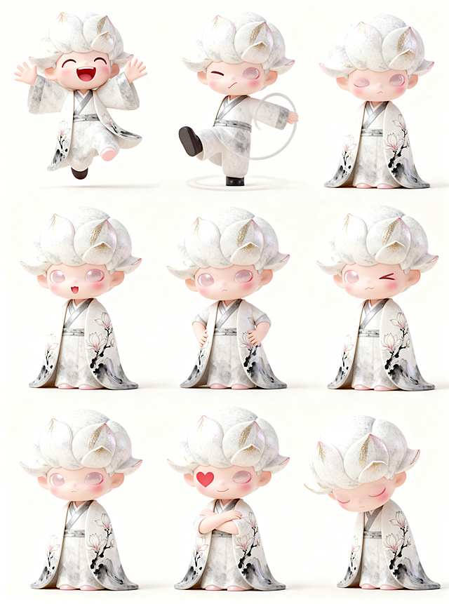 对这个玉兰妖潮玩IP做形象动作延展，生成一套8张不同表情和动态的设计，表情和动作幅度大，活泼夸张，保持原角色玉兰花瓣发型和设计特征一致，统一3D潮玩风格