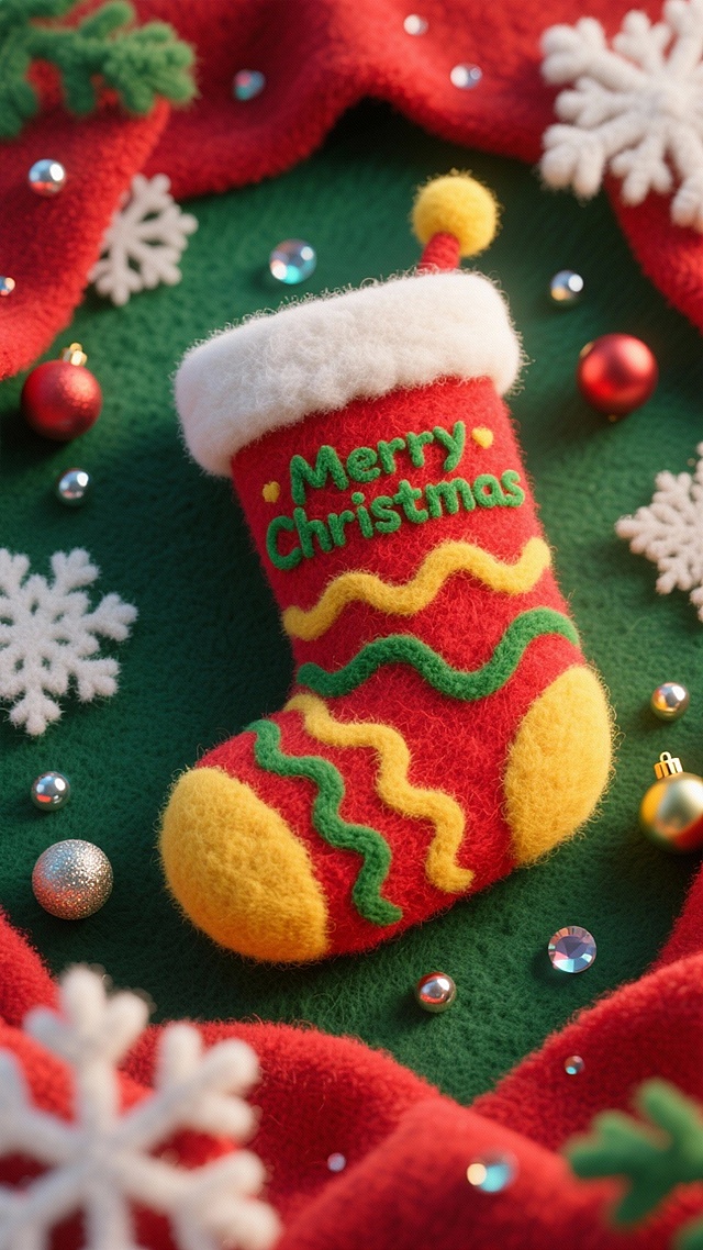 特写的精致圣诞袜（红+黄+袜身绿色波纹+“Merry Christmas”+顶部白色绒边）。周围环绕雪花装饰、装饰球、亮片。深绿色背景，边缘以红色布料环绕。俯视角构图。