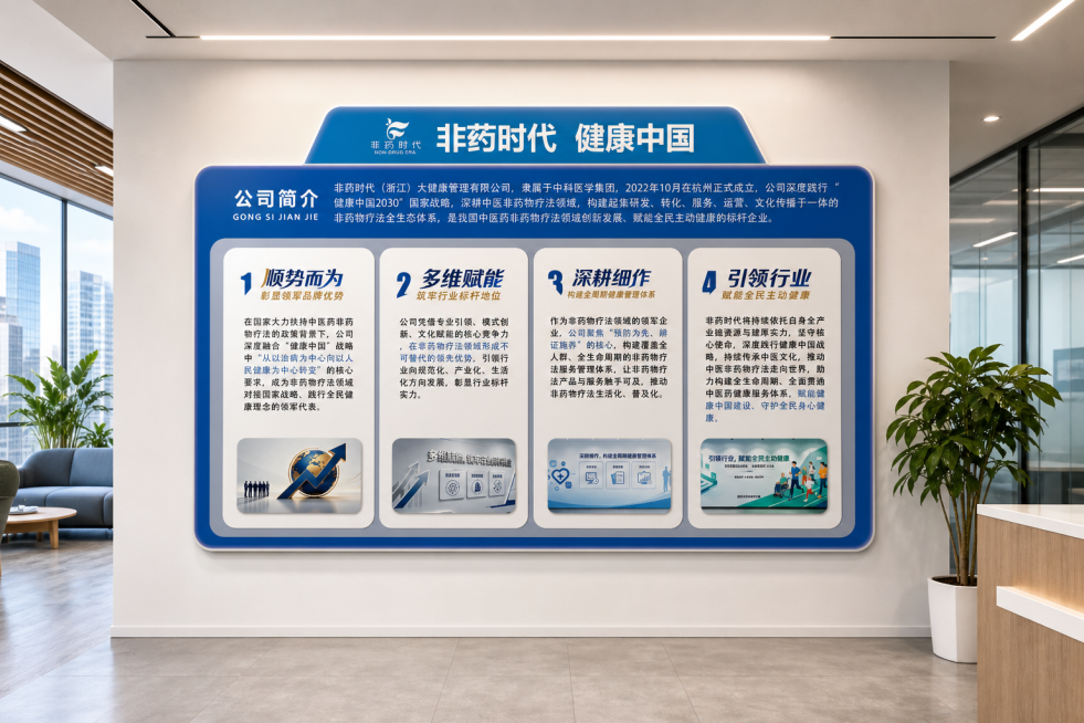 将这张修改后的企业文化展板图渲染成公司室内实景中的企业文化墙，保持原展板上所有文字和排版内容完整，真实办公场景，现代公司办公室环境，光影自然预览效果