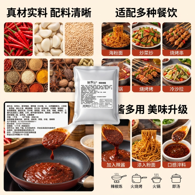 鼎香坊精致辣酱第三张主图，展示产品包装标签信息，突出配料和使用场景，卖点适配多种餐饮，1:1淘宝主图构图预览效果