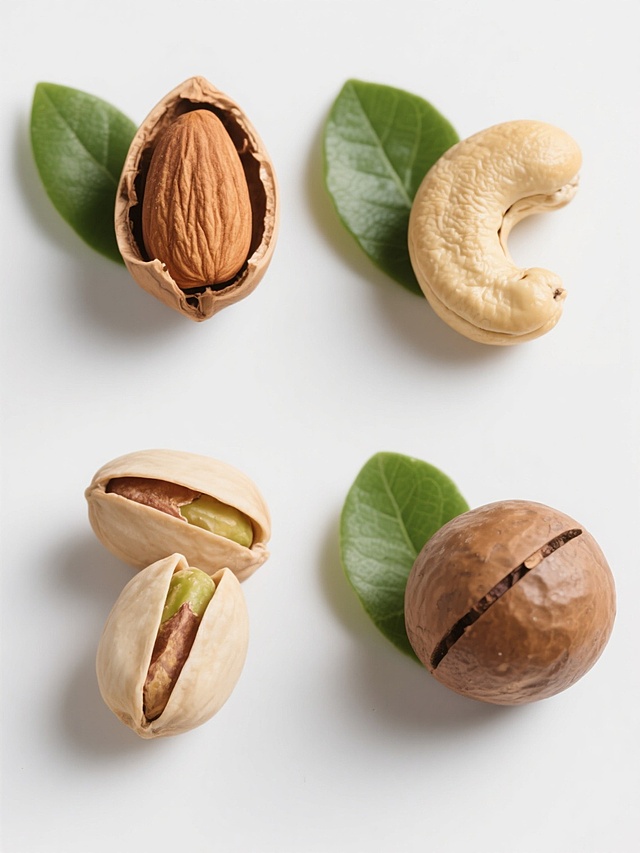 4个完全不同的坚果类元素内容系列素材集合，规整排布，每个元素都包含带壳坚果、剥开的果仁以及2片新鲜绿色叶子，保持高清晰的摄影写实风格，自然光线，准确的阴影细节，坚果外壳纹理清晰可见，果仁呈现自然的浅棕色并带有细腻的纹理，纯白色纯色背景，无其他元素干扰，整体构图平衡，元素之间留有适当间距，分别为：1. 带壳巴旦木、剥开的巴旦木仁与绿色叶子；2. 带壳腰果、剥开的腰果仁与绿色叶子；3. 带壳开心果、剥开的开心果仁与绿色叶子；4. 带壳夏威夷果、剥开的夏威夷果仁与绿色叶子