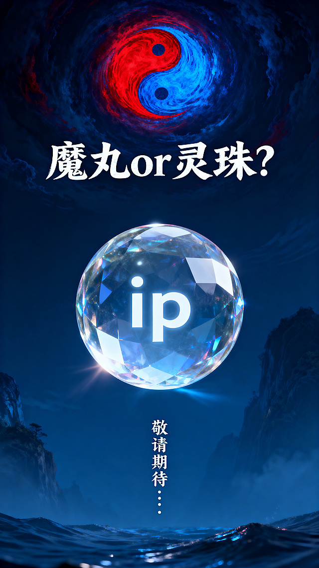 哪吒之魔童闹海风格的海报，深蓝色神秘背景，画面顶部居中位置放置一张红蓝双色的太极漩涡灵珠图案，海报中间悬浮一颗透明的水晶球，水晶球内部有白色英文小写字母"ip"，水晶球上部位置有一行大字文字："魔丸or灵珠？"，水晶球下部画面中间位置配一行小字"敬请期待……"，整体风格是国漫动画电影海报