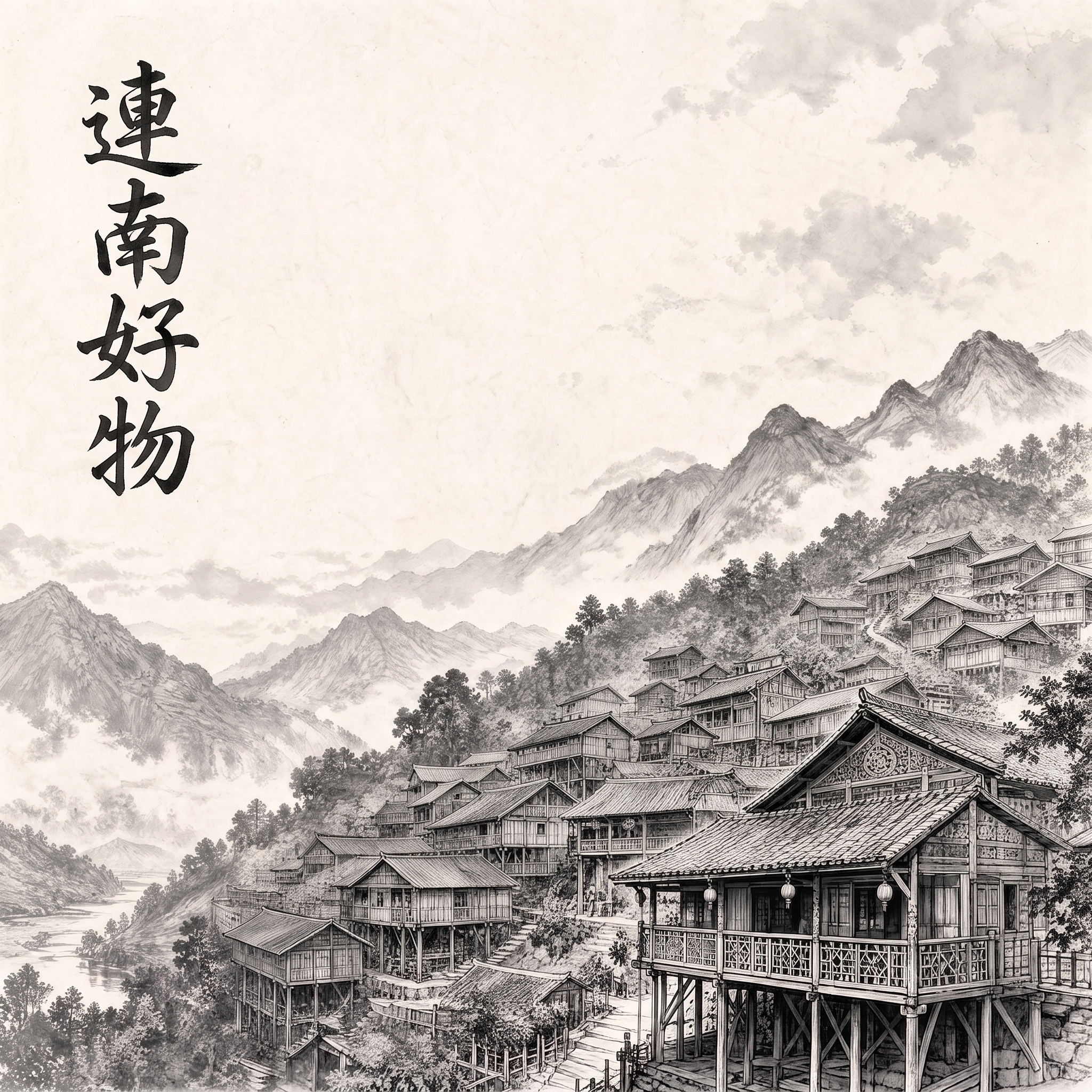 去掉茶壶和文字，左上角用毛笔字书写“连南好物”繁体字 - 图片创意预览
