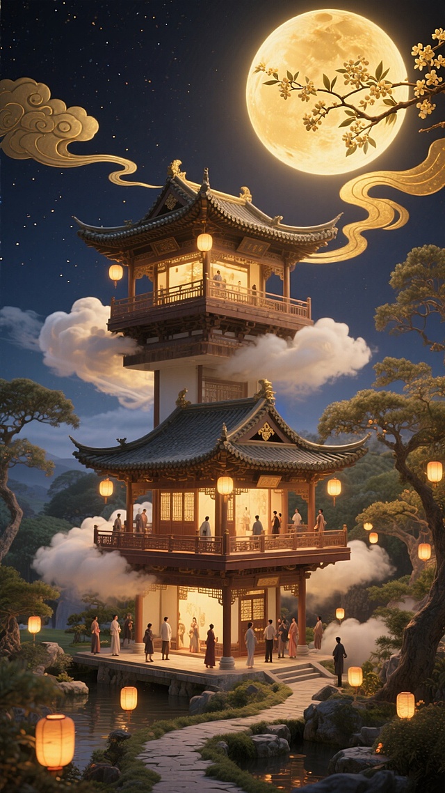 暖金色调，顶部设超大暖金圆月；圆月前点缀桂花枝，中下层借 S 型祥云贯穿，分层错落排布中式楼阁（上层小阁、中层主阁、下层复阁 ）；人物层于楼阁平台和云间小径点缀游园群像，背景明亮夜空，点缀小灯笼